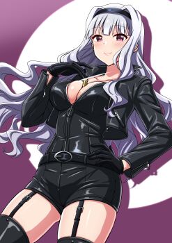 1girl absurdres belt black_belt black_gloves black_hairband black_jacket breasts cleavage closed_mouth commentary_request cropped_jacket garter_straps gloves grey_hair hairband hand_on_own_hip hand_up highres idolmaster idolmaster_(classic) idolmaster_million_live! idolmaster_million_live!_theater_days jacket large_breasts leather leather_jacket leather_shorts lips long_hair long_sleeves looking_at_viewer mimiu_p official_alternate_costume partially_unzipped purple_eyes sexy_spy_(idolmaster) shijou_takane smile solo thighhighs