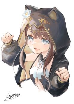 1girl :d absurdres ankh arknights black_jacket brown_hair commentary_request cropped_torso fang flower gold grey_eyes hands_up head_chain highres hood hood_up hooded_jacket jacket jewelry kusagatabi light_blush long_hair long_sleeves looking_at_viewer open_mouth partial_commentary paw_pose pepe_(arknights) puffy_long_sleeves puffy_sleeves signature simple_background skin_fang smile solo white_background white_flower