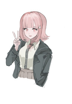 Rule 34 | 1girl, :d, a-ru (r dngn), black jacket, brown hair, commentary request, danganronpa (series), danganronpa 2: goodbye despair, dress shirt, hair ornament, hand up, highres, jacket, long sleeves, medium hair, nanami chiaki, neck ribbon, open clothes, open jacket, open mouth, pink eyes, pink ribbon, ribbon, shirt, shirt tucked in, smile, solo, triangle hair ornament, v, white shirt
