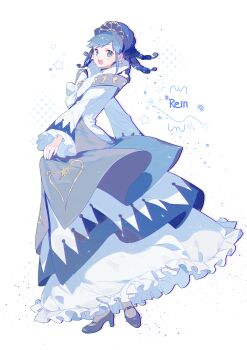 Rule 34 | 1girl, :d, absurdres, aqua eyes, bell sleeves, bilingual commentary, blue dress, blue hair, blue shoes, bow, character name, chest bow, chinese commentary, commentary, compact (cosmetics), cosmetics, crest, dress, english text, frilled dress, frilled sleeves, frills, full body, fushigiboshi no futago hime, gold tiara, gown, hair ornament, heart, heart print, high collar, high heels, highres, holding own dress, layered dress, light particles, long hair, long sleeves, looking at viewer, magical girl, mary janes, mixed-language commentary, morgue (southsakura), open mouth, print dress, rein (fortune princess) (futagohime), rein (futagohime), ringlets, shoes, simple background, smile, solo, star (symbol), star hair ornament, sun print, supportasse, swept bangs, teeth, tiara, upper teeth only, white background, white bow