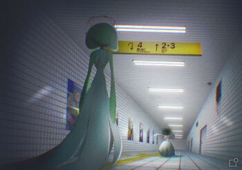 2girls arms_at_sides arms_up back blood blood_halo bob_cut censored censored_identity chromatic_aberration colored_skin dripping english_text female_focus from_behind gardevoir gen_3_pokemon glitch green_hair green_skin hallway halo highres indoors japanese_text liquid_halo mega_gardevoir mega_pokemon multicolored_skin multiple_girls nintendo outstretched_arms pokemon pokemon_(creature) poster_(object) red_halo scribble_censor short_hair standing subway_station the_exit_8 tile_floor tiles translation_request two-tone_skin uoxvt white_skin