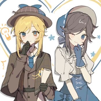 1girl black_gloves blonde_hair blue_bow blue_bowtie blue_eyes blue_gloves blue_necktie blue_skirt blush bow bowtie brown_capelet brown_hair brown_jacket buttons capelet closed_mouth coat collared_shirt deerstalker detective dress emma_woods emma_woods_(boudoir_dream) emma_woods_(lady_truth) freckles frills gloves hand_up hat heterochromia highres holding identity_v jacket long_sleeves looking_at_viewer necktie one_eye_closed puffy_short_sleeves puffy_sleeves shangxindelucha6026 shirt short_hair short_sleeves sidelocks skirt smile swept_bangs upper_body white_background white_shirt yellow_eyes