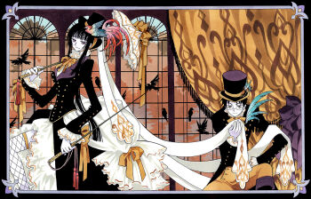 1boy 1girl bird black_hair border clamp curtains dress feathers fishnet_thighhighs fishnets formal_clothes glasses gown hair_up hat ichihara_yuuko marker_(medium) official_art pale_skin parasol thighhighs top_hat traditional_media umbrella victorian watanuki_kimihiro whip window xxxholic