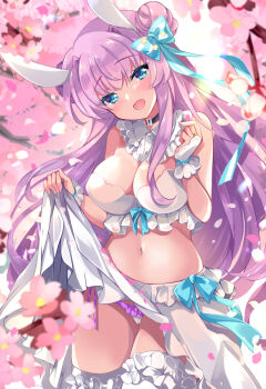 Rule 34 | 1girl, animal ears, bare arms, bare shoulders, black choker, blue eyes, bow, breasts, choker, cleavage, clothes lift, cowboy shot, crop top, detached collar, double bun, frills, hair bow, hair bun, head tilt, ichiyou moka, large breasts, lifting own clothes, long hair, long skirt, looking at viewer, midriff, navel, open mouth, original, panties, purple hair, rabbit ears, side-tie panties, skirt, skirt lift, sleeveless, smile, solo, standing, stomach, strapless, thighhighs, thighs, underwear, very long hair, white panties, white skirt, white thighhighs