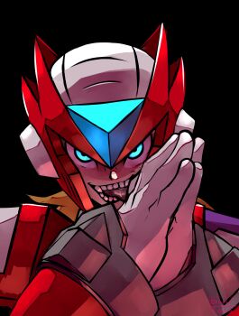 1boy absurdres android armor black_background blonde_hair blue_eyes danyhu16 dated evil_eyes evil_smile fangs forehead_jewel gloves helmet highres jewelry long_hair mega_man_(series) mega_man_x_(series) meme open_mouth ponytail red_armor red_helmet robot robot_ears rubbing_hands_together shoulder_armor signature smile solo teeth tongue tongue_out very_long_hair white_gloves zero_(mega_man) zesty_sonic_(meme)