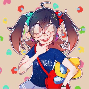 1girl ahoge amogus_girl among_us black_hair black_nails blush borrowed_character character_ear_piercing character_hair_ornament closed_eyes commentary crewmate_(among_us) english_commentary ghostybutt glasses hair_ornament highres impostor_(among_us) jimiko long_hair open_mouth original round_eyewear short_twintails skirt solo sparkle teeth twintails upper_teeth_only