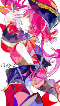 1girl ascot bicorne ezu_(e104mjd) hat heterochromia highres hololive houshou_marine long_hair looking_at_viewer open_mouth pirate pirate_hat red_ascot red_eyes red_hair sleeveless sleeveless_jacket solo twintails virtual_youtuber white_background yellow_eyes