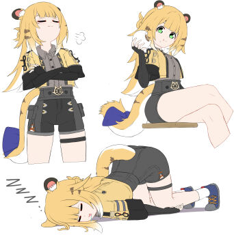 1girl absurdres animal_ear_fluff animal_ears arched_back black_shorts blue_shoes bow closed_eyes closed_mouth colored_inner_hair commentary cropped_legs crossed_arms crossed_legs drooling eating english_commentary food food_on_face green_eyes grey_shirt high-waist_shorts highres holding holding_food jacket ju_fufu long_hair looking_at_viewer marin_liekuriva multicolored_hair multiple_views open_mouth shirt shoes shorts simple_background sleeping socks striped_fur striped_hair tail tail_bow tail_ornament thigh_strap tiger_ears tiger_girl tiger_stripes tiger_tail white_background white_socks yellow_jacket zenless_zone_zero zzz