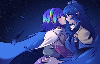 2girls belt bird_wings black_lips blue_dress blue_hair blue_headwear blue_sleeves blue_wings blush brown_belt cape closed_eyes collared_cape commentary dress english_commentary eyeshadow face-to-face feathers hand_on_another's_waist hat highres iizunamaru_megumu kiss kissing_nose lipstick lipstick_mark long_hair long_sleeves looking_at_another makeup multiple_girls night patchwork_clothes pointy_ears purple_eyeshadow purple_hair rainbow_gradient rainbow_hairband red_eyes shirt short_hair shoulder_pads shygardeneel single_sidelock sky star_(sky) starry_sky starry_sky_print tenkyuu_chimata tokin_hat touhou turtleneck two-sided_cape two-sided_fabric upper_body white_cape white_shirt wings yuri