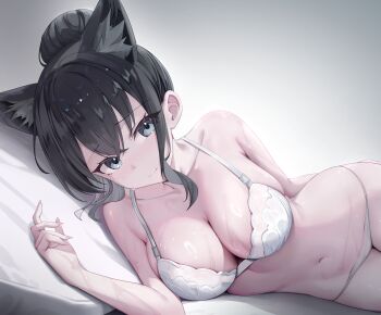 1girl animal_ears bare_arms bare_shoulders black_hair blue_eyes bra breasts cat_ears cleavage closed_mouth collarbone commission extra_ears hair_bun highres large_breasts long_hair looking_at_viewer lying navel on_side original panties rable sidelocks smile solo stomach string_panties underwear underwear_only wet white_bra white_panties
