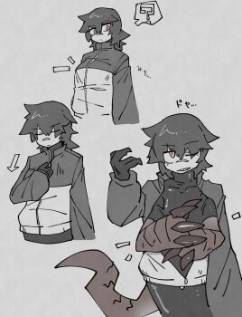 Rule 34 | 1girl, claws, closed eyes, extra arms, gloves, greyscale, highres, jacket, matsukura d, messy hair, monochrome, multiple views, one eye closed, original, pants, scar, scar on face, scar on nose, simple background, slit pupils, turtleneck, zipper