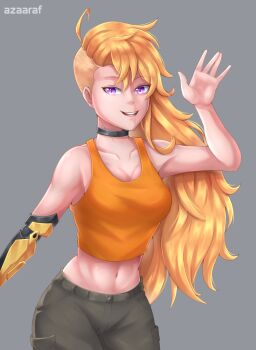 1girl alternate_hairstyle artist_name asymmetrical_hair azaaraf black_choker blonde_hair breasts choker cleavage collarbone commentary cowboy_shot english_commentary eyelashes green_pants grey_background highres long_hair mechanical_arms midriff navel open_mouth orange_tank_top pants prosthesis prosthetic_arm rwby sidecut simple_background single_mechanical_arm smile solo tank_top teeth undercut upper_teeth_only waving yang_xiao_long