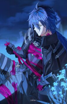 1boy absurdres antenna_hair artist_name black_capelet black_coat black_gloves black_ribbon blue_flower blue_hair blurry blurry_foreground capelet closed_mouth cloud coat collared_capelet commentary crossed_bangs flins_(genshin_impact) flower genshin_impact gloves glowing_flower grass grey_pants hair_between_eyes highres long_hair long_sleeves male_focus moonya night night_sky outdoors pants purple_shirt ribbon shirt signature sitting sky sleeve_cuffs solo sweatdrop symbol-only_commentary thigh_strap yellow_eyes