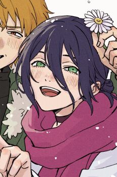 1boy 1girl black_choker black_shirt blonde_hair blue_hair blush chainsaw_man choker coat denji_(chainsaw_man) flower fur-trimmed_jacket fur_trim gerbera green_eyes green_jacket hair_between_eyes hair_bun highres holding holding_flower jacket medium_hair mele_ck open_mouth pink_scarf red_eyes reze_(chainsaw_man) scarf shirt short_hair smile updo upper_body white_background white_coat white_flower