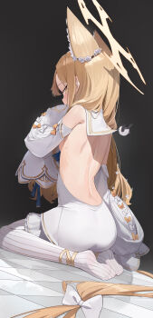 1girl absurdres animal_ears bare_back berserker_r black_background blonde_hair blue_archive bow breasts checkered_floor detached_sleeves hair_bow halo highres long_hair looking_at_viewer looking_back pantyhose seia_(blue_archive) simple_background sitting small_breasts solo striped_clothes striped_pantyhose vertical-striped_clothes vertical-striped_pantyhose very_long_hair wariza white_bow white_pantyhose white_sleeves yellow_eyes yellow_halo