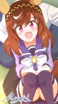 1boy 1girl animal_ears blush book braid breasts brown_hair buena_vista_(umamusume) commentary_request hair_between_eyes hair_ornament hairband highres horse_ears horse_girl long_hair looking_at_viewer matty_(matsutomo) purple_eyes school_uniform signature simple_background sitting sitting_on_person solo_focus thighhighs thighs tracen_school_uniform trainer_(umamusume) umamusume
