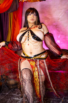 1girl asian belly belly_dancer black_hair breasts chouzuki_maryou cleavage highres large_breasts lipstick makeup photo_(medium) plump solo thick_thighs thighs underboob