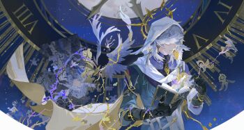 2boys absurdres aged_down analog_clock animal bird black_footwear black_gloves black_shorts blue_jacket book cloak clock covered_eyes crying dual_persona earrings feathered_wings feathers gloves glowing_feather gold_earrings grey_hair guaishengyin hair_between_eyes halo halo_behind_head hands_up head_wings highres holding holding_animal holding_bird holding_book honkai:_star_rail honkai_(series) hood hood_up hooded_cloak jacket jewelry kneeling long_sleeves male_focus medium_hair multicolored_jacket multiple_boys multiple_rings multiple_wings open_book parted_lips piercing purple_shirt puzzle_piece ring roman_numeral shirt shoes shorts socks spiked_halo sunday_(honkai:_star_rail) sunday_(sacerdos&#039;_relived_ordeal)_(honkai:_star_rail) tears thorns three-quarter_sleeves two-sided_cloak two-sided_fabric two-tone_jacket vest white_cloak white_jacket white_socks white_vest white_wings wide_shot wing_piercing wings wings_over_eyes yellow_cloak