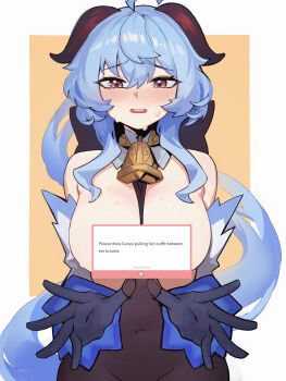 1girl ahoge alt_text bell black_gloves blue_hair blush bodystocking border breasts breasts_out censored censored_nipples commentary convenient_censoring corrupted_twitter_file covered_navel cowbell distr english_commentary english_text ganyu_(genshin_impact) genshin_impact gloves goat_horns highres horns large_breasts long_hair marshmallow_(site) orange_background paid_reward_available solo very_long_hair white_border