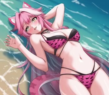1girl animal_ears arm_behind_head bijouvirus bikini black_choker blush breasts choker hololive hololive_english large_breasts long_hair looking_at_viewer lying navel ocean official_alternate_costume on_back open_mouth outdoors panther_ears panther_girl panther_tail pink_bikini pink_hair raora_panthera raora_panthera_(holonatsu_paradise) solo swimsuit tail virtual_youtuber white_streaks