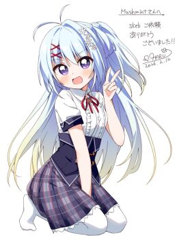 Rule 34 | 1girl, :d, antenna hair, blue hair, blush, buttons, center frills, collared shirt, commentary request, commission, dot nose, frills, full body, gradient hair, hair between eyes, hair intakes, hair ornament, hand up, haru (konomi 150), looking at viewer, lucia valignano, multicolored hair, neck ribbon, no shoes, one side up, open mouth, pantyhose, plaid clothes, plaid skirt, purple eyes, purple skirt, red ribbon, ribbon, seiza, shirt, short sleeves, simple background, sitting, skeb commission, skirt, smile, solo, unless terminalia, v, white background, white pantyhose, white shirt, x hair ornament