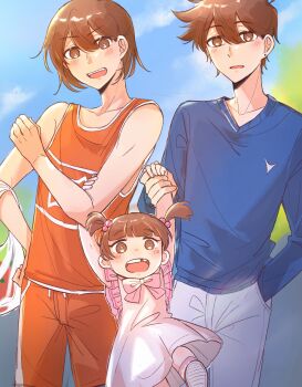 1girl 2boys absurdres alternate_eye_color antenna_hair bag blue_sky blue_sweater blurry blurry_background blush bright_pupils brother_and_sister brothers brown_eyes brown_hair chinese_commentary collarbone commentary_request css021125 dark-skinned_male dark_skin day double-parted_bangs ear_piercing grey_pants hair_between_eyes hair_bobbles hair_ornament hand_in_pocket hero_(faraway)_(omori) hero_(omori) highres holding holding_bag kel_(faraway)_(omori) kel_(omori) long_sleeves looking_at_viewer missing_tooth multiple_boys omori orange_shorts outdoors pants parted_lips piercing plastic_bag sally_(omori) short_hair short_twintails shorts siblings sky smile sweater teeth twintails upper_teeth_only white_pupils