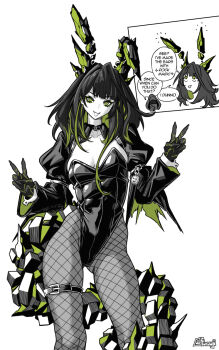 1girl :d arknights breasts doctor_(arknights) double_v english_text fishnet_pantyhose fishnets furauji green_eyes jacket leotard long_hair long_sleeves medium_breasts mon3tr_(arknights) multicolored_hair multiple_views open_clothes open_jacket open_mouth pantyhose playboy_bunny smile standing streaked_hair tail v