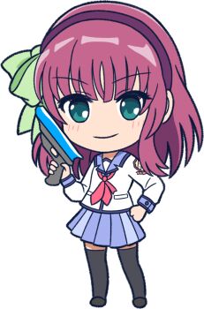 Rule 34 | >:), 1girl, angel beats!, black thighhighs, blue skirt, blunt bangs, blush, bow, chibi, chibi only, closed mouth, commentary request, eyes visible through hair, green bow, green eyes, gun, hair bow, hairband, hand on own hip, hand up, highres, holding, holding gun, holding weapon, long sleeves, looking at viewer, medium hair, miniskirt, nakamura yuri, pleated skirt, purple hair, purple hairband, shinda sekai sensen uniform, shirt, simple background, skirt, smile, solo, thighhighs, transparent background, user uvgr2282, v-shaped eyebrows, weapon, white shirt, zettai ryouiki