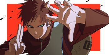 Rule 34 | 1boy, absurdres, blue eyes, border, closed mouth, gaara (naruto), gourd, highres, long sleeves, looking at viewer, male focus, naruto (series), naruto shippuuden, outside border, pnpk 1013, red background, red hair, shirt, solo, upper body, white border