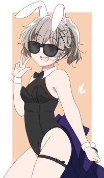 1girl absurdres animal_ear_hairband animal_ears animebrit bare_legs black_bow black_bowtie black_leotard bow bowtie breasts detached_collar fake_animal_ears fang grey_hair hair_ornament hairband highres leotard looking_at_viewer medium_breasts pantyhose playboy_bunny purple_eyes rabbit_ears short_hair skin_fang slow_loop smile solo sunglasses thigh_strap v wrist_cuffs x_hair_ornament yoshinaga_koi