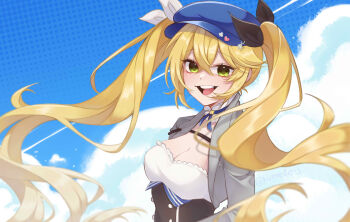 Rule 34 | 1girl, absurdres, blonde hair, blue hat, breasts, cleavage, cloud, commentary, crossed bangs, dokibird, dokibird (retro doki), double-parted bangs, green eyes, grey jacket, hair between eyes, hat, highres, indie virtual youtuber, jacket, kuraedo, long hair, looking at viewer, medium breasts, open clothes, open jacket, open mouth, outdoors, shirt, sky, smile, solo, symbol-only commentary, twintails, upper body, very long hair, virtual youtuber, white shirt