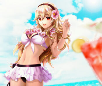 1girl absurdres arm_up bangle beach bikini black_trim blonde_hair bracelet breasts cleavage cloud female_corrin_(fire_emblem) female_corrin_(novice_vacationer)_(fire_emblem) cup drink drinking_glass esther_shen fingernails fire_emblem fire_emblem_fates fire_emblem_heroes flower flower_necklace food front-tie_bikini_top front-tie_top fruit hair_between_eyes hair_flower hair_ornament hairband highres jewelry lemon lemon_slice long_hair looking_at_viewer medium_breasts nail_polish navel necklace nintendo parted_bangs parted_lips pink_nails red_eyes ribbon ribbon-trimmed_skirt ribbon_trim skirt smile solo solo_focus sun swimsuit swimsuit_skirt water wavy_hair white_bikini white_skirt wide_hips