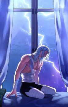1boy alternate_costume amputee bandaged_arm bandaged_leg bandaged_torso bandages bed black_shorts commentary commentary_request curtains grey_hair hair_down highres indoors jean_pierre_polnareff jojo_no_kimyou_na_bouken lightning long_hair looking_down male_focus missing_limb muscular muscular_male night on_bed pillow ppierre_jojo profile scar scar_across_eye scar_on_face shorts sitting sky solo sweat topless_male vento_aureo window
