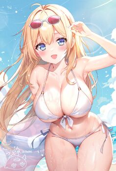 Rule 34 | 1girl, :d, absurdres, ahoge, arm up, armpits, bare shoulders, beach, bikini, blonde hair, blue eyes, blue sky, blush, breasts, cinu, cleavage, collarbone, cowboy shot, day, eyewear on head, front-tie bikini top, front-tie top, gluteal fold, halterneck, highres, holding, holding swim ring, innertube, large breasts, long hair, looking at viewer, navel, ocean, open mouth, original, outdoors, red-tinted eyewear, revision, side-tie bikini bottom, sideboob, sky, smile, solo, stomach, sun, sunglasses, swim ring, swimsuit, thigh gap, thighs, tinted eyewear, underboob, wet, white-framed eyewear, white bikini