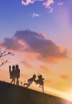 4girls absurdres after-school_sweets_club_(blue_archive) airi_(band)_(blue_archive) airi_(blue_archive) blue_archive commentary_request dutch_angle film_grain gigbag guitar_case halo highres instrument_case kazusa_(band)_(blue_archive) kazusa_(blue_archive) multiple_girls natsu_(band)_(blue_archive) natsu_(blue_archive) official_alternate_costume outdoors p1n running scenery school_uniform sunset walking yoshimi_(band)_(blue_archive) yoshimi_(blue_archive)