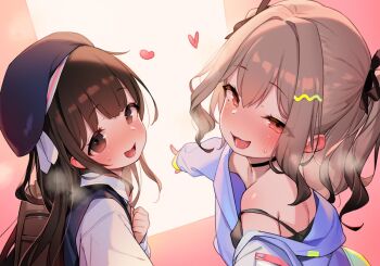 2girls backpack bad_source bag bare_shoulders blush breasts brown_eyes brown_hair choker dress gradient_hair grey_hair hat heart heavy_breathing henreader long_hair looking_at_viewer multicolored_hair multiple_girls naughty_face orange_eyes original pointing school_uniform small_breasts sweat