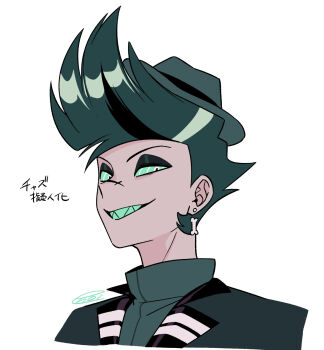 1boy :d black_eyeshadow black_hair black_jacket bone_earrings chazwick_thurman_(helluva_boss) colored_sclera colored_teeth commentary_request cowboy_hat cropped_shoulders earrings eyeshadow from_below green_hair green_sclera green_shirt grey_hat grin hair_behind_ear hat hellaverse helluva_boss highres humanization jacket jewelry lapels makeup male_focus menma_(enaic31) multicolored_hair open_clothes open_jacket open_mouth ringed_eyes scar scar_on_face scar_on_nose sharp_teeth shirt short_hair signature simple_background smile solo streaked_hair teeth translation_request turtleneck turtleneck_shirt two-tone_hair v-shaped_eyebrows very_short_hair white_background white_eyes