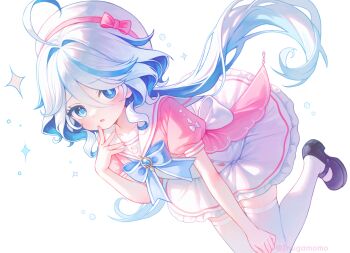 Rule 34 | 1girl, beret, black shoes, blue bow, blue bowtie, blue eyes, blue gem, blue hair, blush, bow, bowtie, commentary request, frilled skirt, frills, furina (genshin impact), gem, genshin impact, hand on own cheek, hand on own face, hat, highres, inugamomo, long hair, looking at viewer, magical girl, pink bow, pink bowtie, school uniform, shoes, skirt, thighhighs, white thighhighs