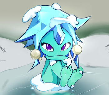 barefoot blue_skin cold colored_skin feet hat highres ice missile_toe_(plants_vs._zombies) monster_girl nude pachalt plant plant_focus plant_girl plants_vs._zombies purple_eyes snow snowing