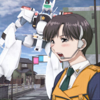 1girl 3d av-98_ingram black_hair blue_jacket blush brown_eyes building fence green_necktie headset house jacket kidou_keisatsu_patlabor kumagami_takeo long_sleeves mecha necktie open_mouth orange_vest pavement police police_badge police_uniform policewoman road robot shirt short_hair smile standing t_jiroo_(ringofriend) teeth upper_body vest white_shirt