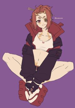 Rule 34 | 1girl, :3, black gloves, black jacket, closed mouth, code vein, code vein ii, collarbone, commentary request, eyepatch, gloves, head tilt, highres, jacket, josee anjou, kinotarowow, long sleeves, looking at viewer, midriff, navel, one eye covered, open clothes, open jacket, purple background, red eyes, red hair, shirt, short hair, short shorts, shorts, simple background, solo, stomach, twitter username, white shirt