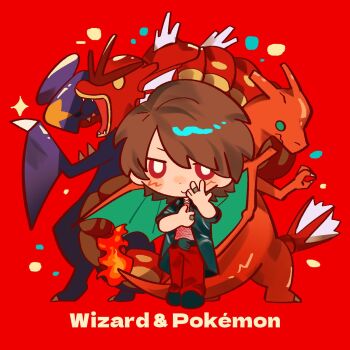 1boy 2786867956wuyu alternate_color animification black_shoes bright_pupils brown_hair charizard chinese_commentary claws closed_mouth coat commentary_request crossover full_body garchomp gen_1_pokemon gen_4_pokemon gyarados hand_on_own_chest highres jewelry kamen_rider kamen_rider_wizard_(series) looking_at_viewer male_focus nintendo pants pokemon pokemon_(creature) red_background red_eyes red_pants rider_belt ring shiny_pokemon shoes short_hair smile souma_haruto sparkle standing white_pupils