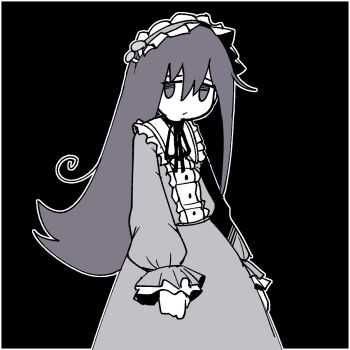 1girl black_background dress food-themed_hair_ornament frilled_dress frilled_headwear frills greyscale hair_ornament hairband highres jitome long_hair monochrome mushroom mushroom_on_head neppyseagull outline shimeji_simulation sleeves_past_wrists solo tsukishima_shijima white_outline
