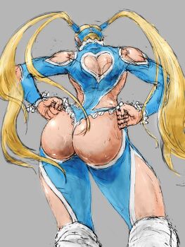 1girl ass ass_cutout back blonde_hair blue_leotard clothing_cutout cropped_legs domino_mask elbow_cutout eye_mask frills from_behind hair_pulled_back heart_cutout highres leotard long_hair mask nom1207 rainbow_mika revealing_clothes shoulder_cutout solo standing street_fighter street_fighter_v twintails very_long_hair wrestler wrestling_mask wrestling_outfit