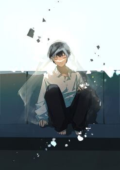 1boy absurdres barefoot black_hair closed_eyes collared_shirt full_body hand_on_own_knee hashtag-only_commentary head_tilt highres kim_dokja knees_up light_particles male_focus oldest_dream omniscient_reader&#039;s_viewpoint sanjinmogufufu shirt short_hair sitting solo veil white_shirt