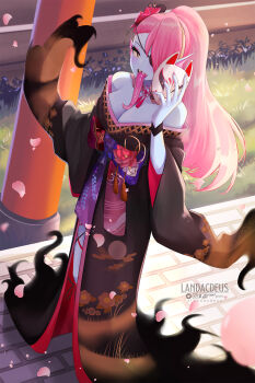 Rule 34 | 1girl, artist name, bare shoulders, black kimono, blue skin, breasts, cherry blossoms, colored sclera, colored skin, commission, cosplay, eyepatch, eyeshadow, fins, floral print, fox mask, grass print, head fins, highres, holding, holding mask, hololive, hololive english, japanese clothes, kimono, landacdeus, large breasts, long hair, long tongue, looking at viewer, makeup, mask, monster girl, mori calliope, mori calliope (cosplay), nail polish, no bra, obi, off shoulder, official alternate costume, open mouth, petals, pink eyeshadow, pink hair, pink nails, sash, sharp teeth, solo, standing, teeth, tongue, tongue out, torii, undertale, undyne, utdr (toby fox), very long hair, virtual youtuber, wide sleeves, yellow sclera