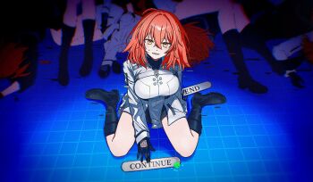 1girl alternate_breast_size_(larger) between_legs black_boots black_gloves blood boots breasts chaldea_logo clone clothing_cutout command_spell dress english_text fate/grand_order fate_(series) fujimaru_ritsuka_(female) fujimaru_ritsuka_(female)_(decisive_battle_chaldea_uniform) fujimaru_ritsuka_(female)_(polar_chaldea_uniform) full_body glitch glove_cutout gloves hand_between_legs highres knee_boots kr38roka large_breasts looking_at_viewer lower_teeth_only multiple_persona multiple_views orange_eyes orange_hair parted_lips pile_of_corpses short_dress sitting spotlight sweatdrop teeth wariza