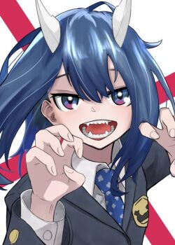 1girl aoki_ruri black_jacket blazer blue_eyes blue_hair blue_necktie claw_pose collared_shirt dragon_girl dragon_horns fangs fingernails hair_between_eyes hands_up highres horns jacket long_sleeves looking_at_viewer medium_hair multicolored_eyes necktie open_mouth ruridragon school_uniform shirt simple_background smile solo teeth tensyaji upper_body white_shirt