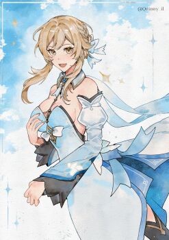 1girl blonde_hair blue_dress blue_sleeves blush breasts dress genshin_impact hair_between_eyes hair_ornament highres jewelry long_hair lumine_(genshin_impact) medium_breasts multicolored_sleeves open_mouth quinny_il solo yellow_eyes