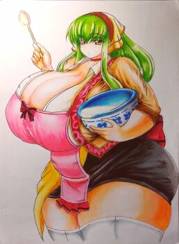 1girl alternate_breast_size_(larger) ass ass_expansion baking breasts c.c. cleavage code code_geass code_geass:_fukkatsu_no_lelouch fat fat_woman gigantic_breasts green_hair highres huge_ass huge_breasts long_hair official_alternate_costume official_alternate_hairstyle parted_lips plump solo thick_thighs thighs weight_gain yellow_eyes